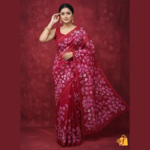 রয়্যাল রেড হ্যান্ড পেইন্টেড হাফ সিল্ক শাড়ি – ফুলেল ডিজাইন