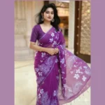 রয়্যাল পার্পল হ্যান্ড পেইন্টেড হাফ সিল্ক শাড়ি – সাদা ফুলের নকশা