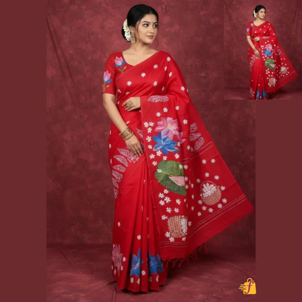 হ্যান্ড পেইন্টেড লাল হাফ সিল্ক শাড়ি – লোটাস ফুলের ঐতিহ্যবাহী ডিজাইন