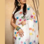 Colorful Maple Leaf Hand-Painted Half Silk Saree - Pure White