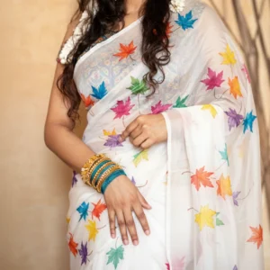 Colorful Maple Leaf Hand-Painted Half Silk Saree - Pure White