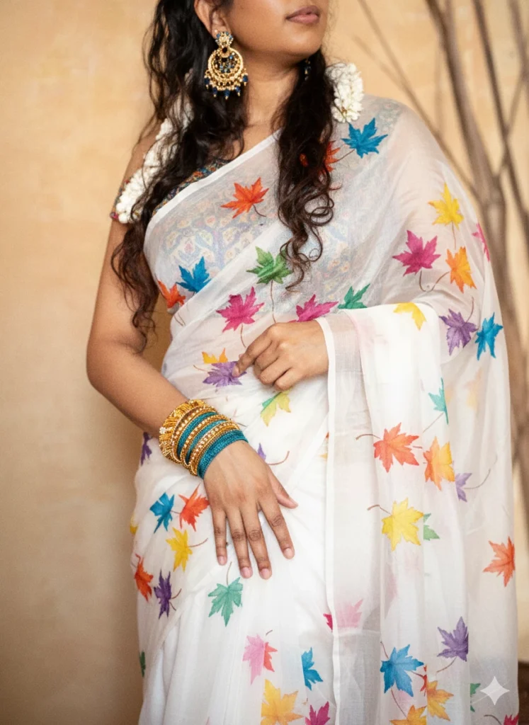 Colorful Maple Leaf Hand-Painted Half Silk Saree - Pure White