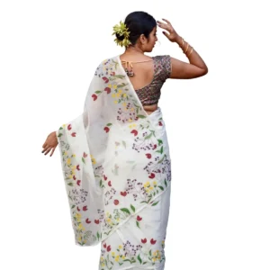 White Hand Painted Floral Cotton Saree