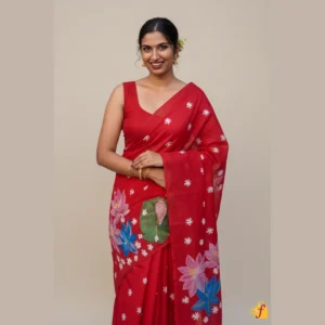 Red Hand Painted Lotus Art Cotton Saree